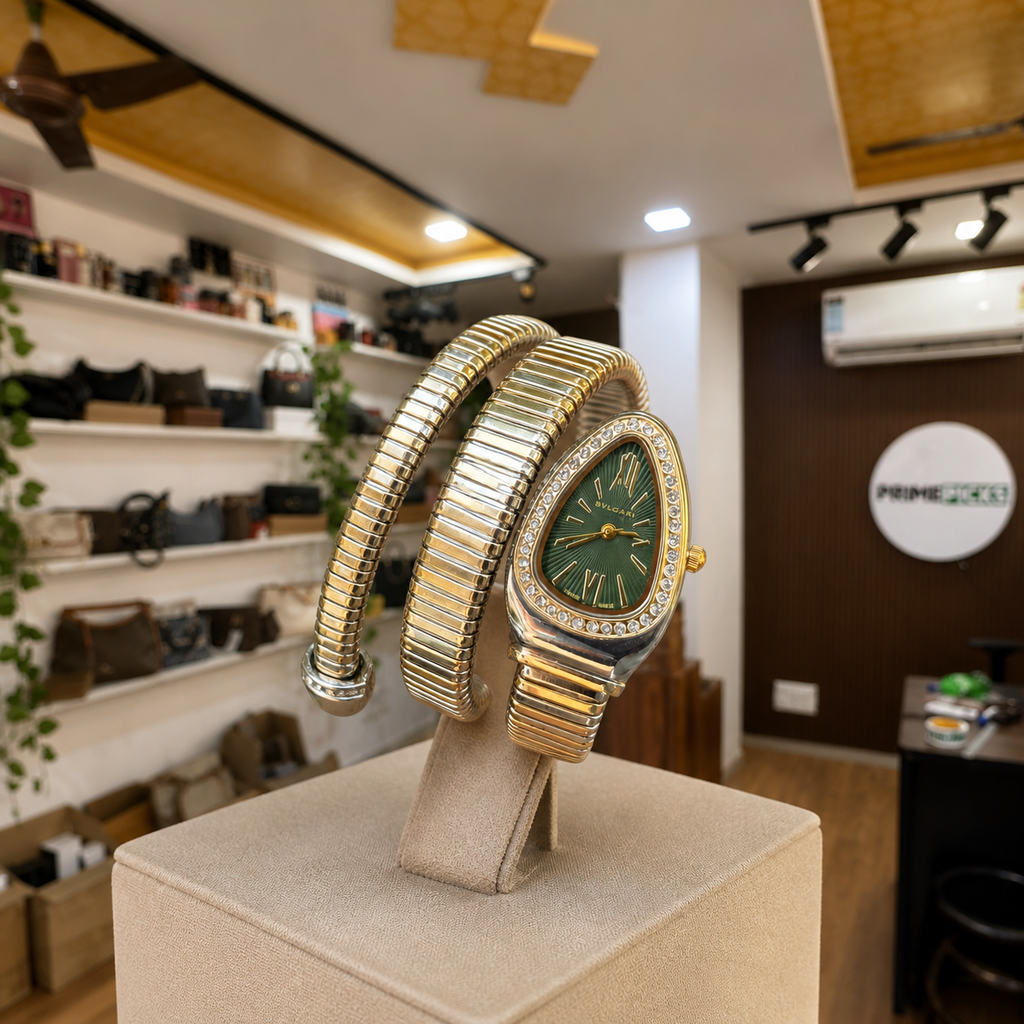 Bvlgari Serpenti Tubogas green dial watch displayed in PRIMEPICKS office showroom