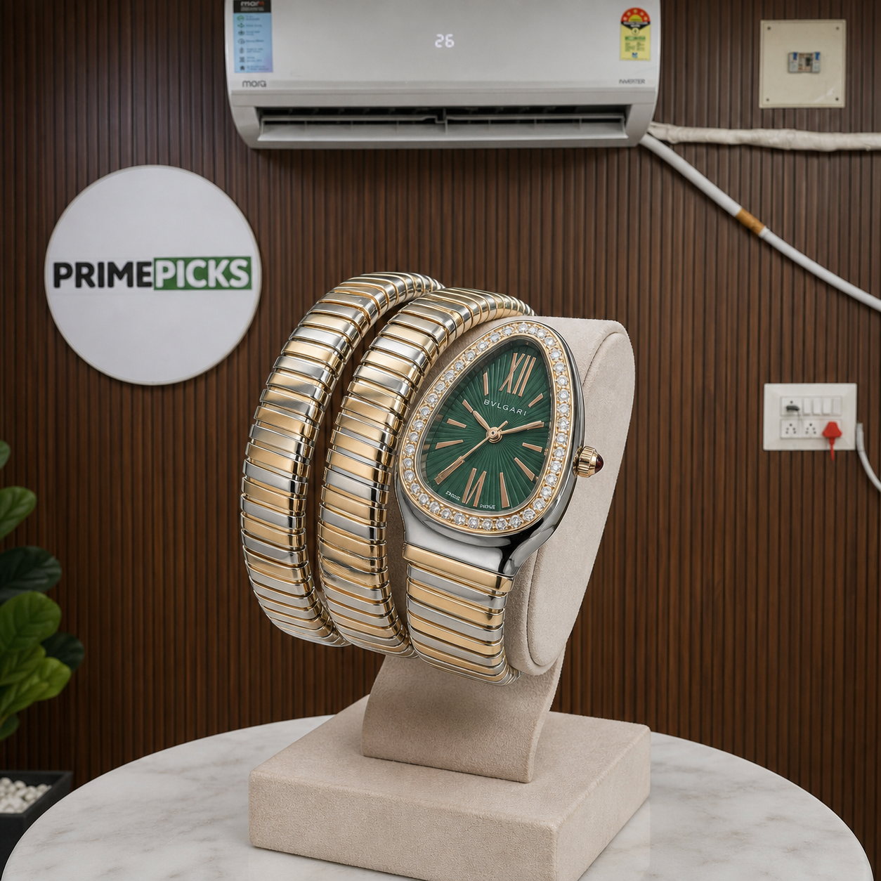 Bvlgari Serpenti Tubogas green dial crystal-set watch in wood-panel PRIMEPICKS office