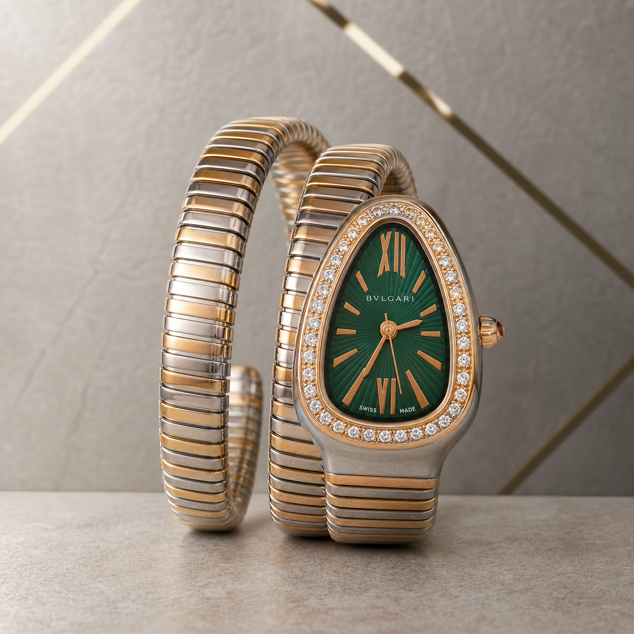 Close-up of Bvlgari Serpenti Tubogas green dial two-tone double-coil watch