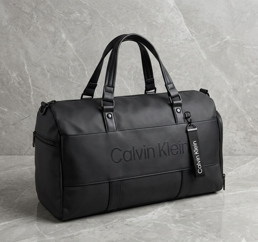 Calvin Klein black duffle bag studio view