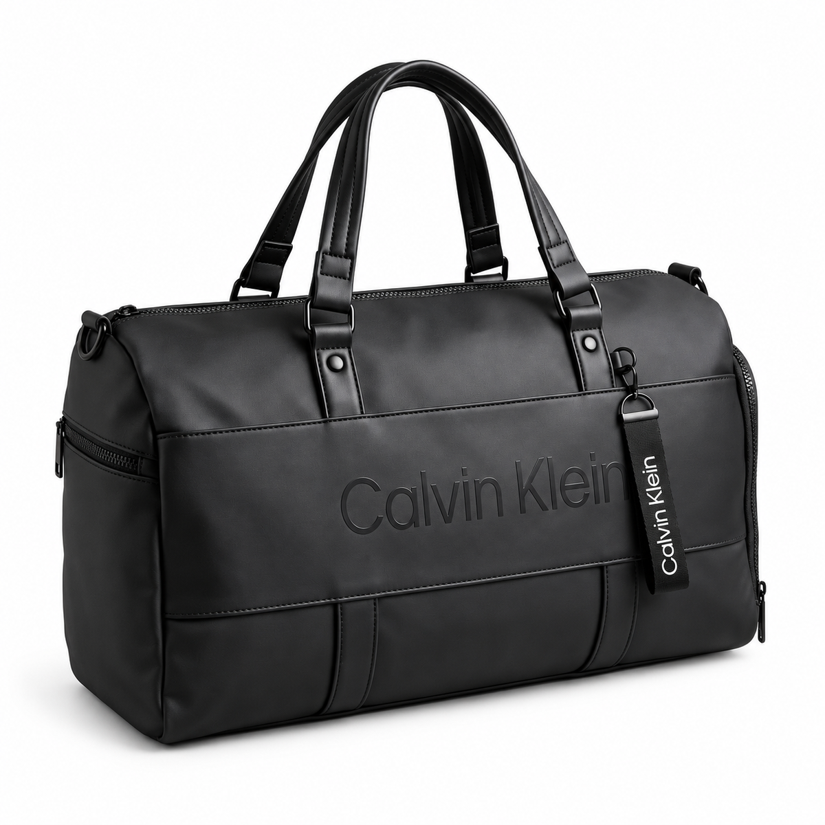 Calvin Klein black duffle bag on a clean white background