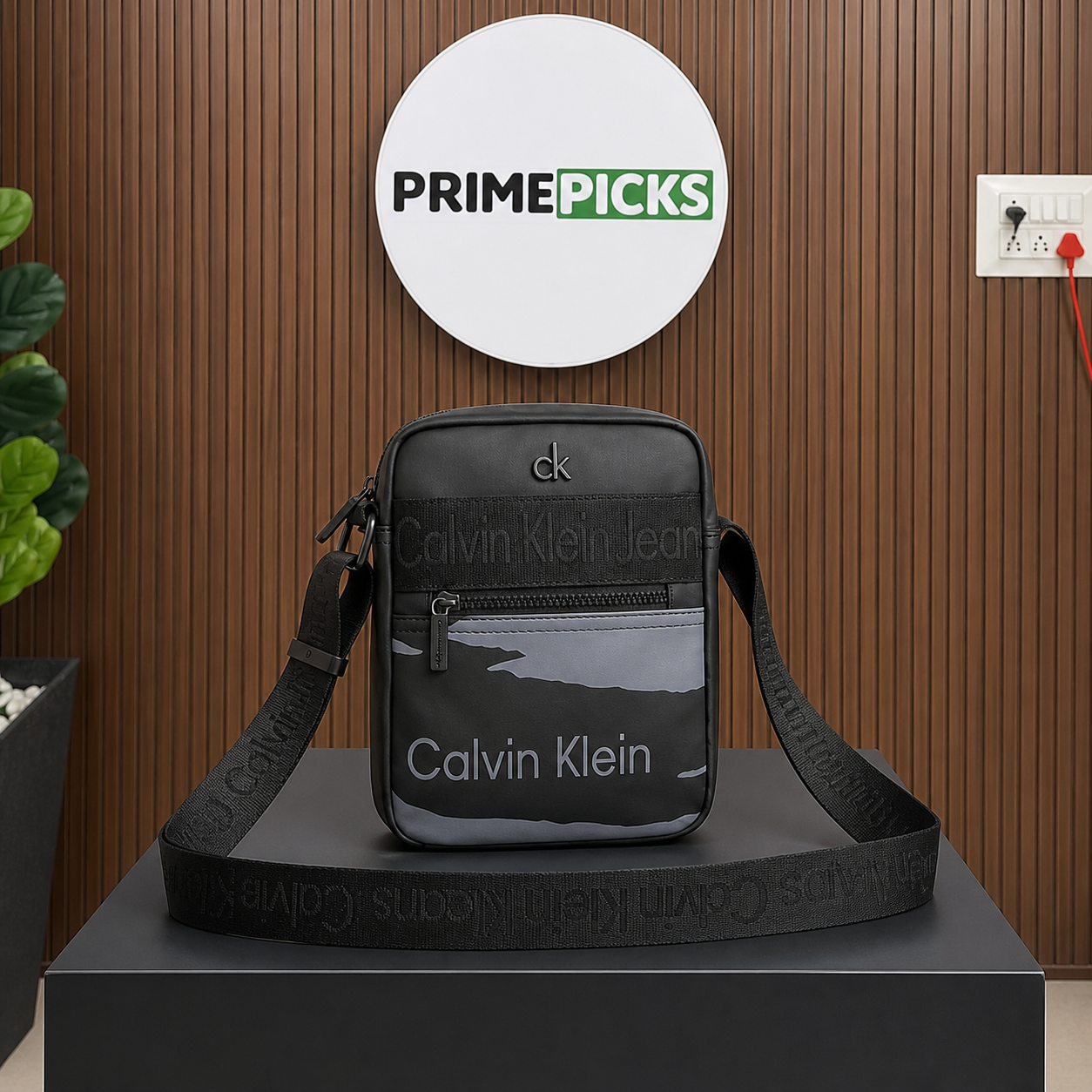 Calvin Klein Jeans black grey-panel messenger bag with PRIMEPICKS logo