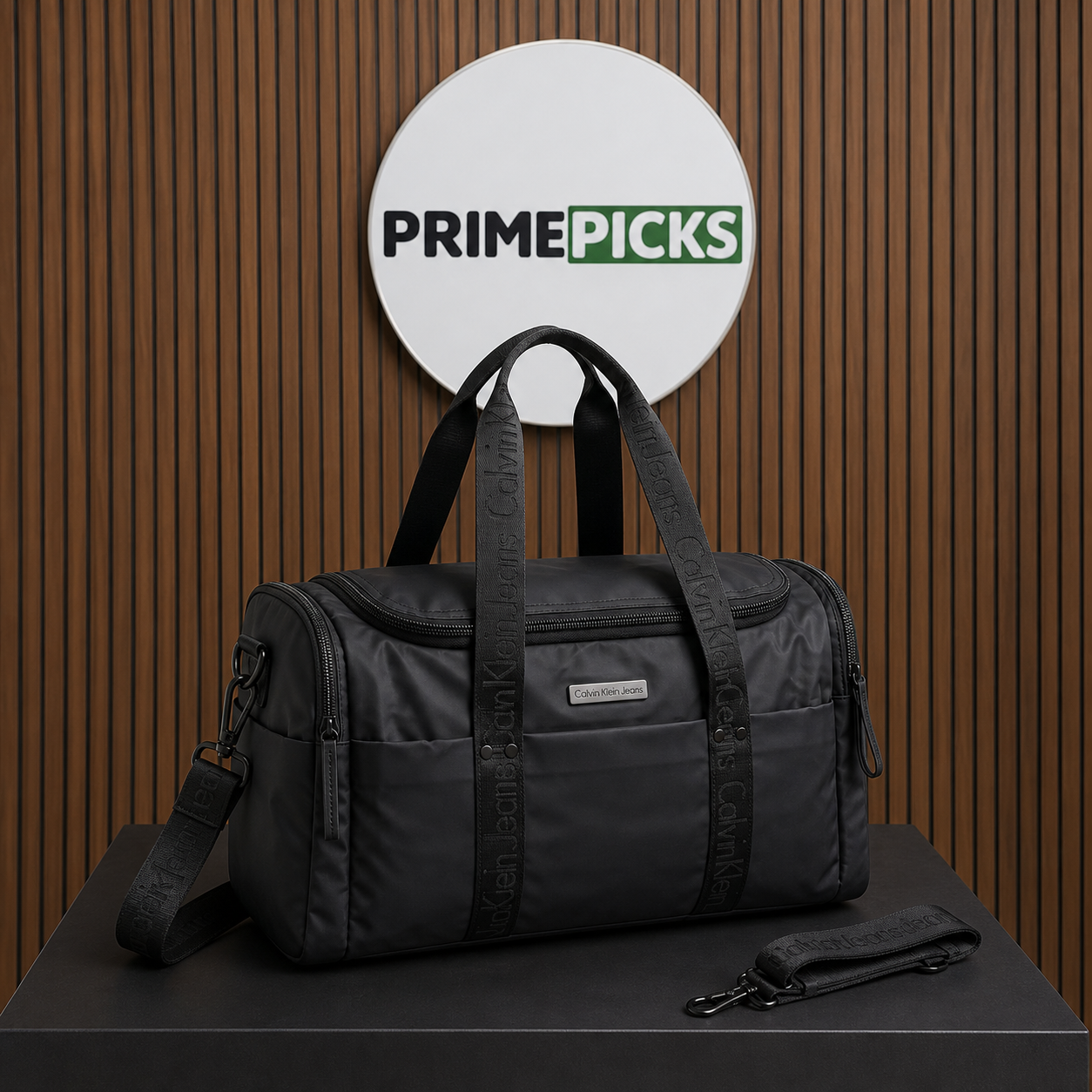 Calvin Klein Jeans black duffel bag with PRIMEPICKS logo