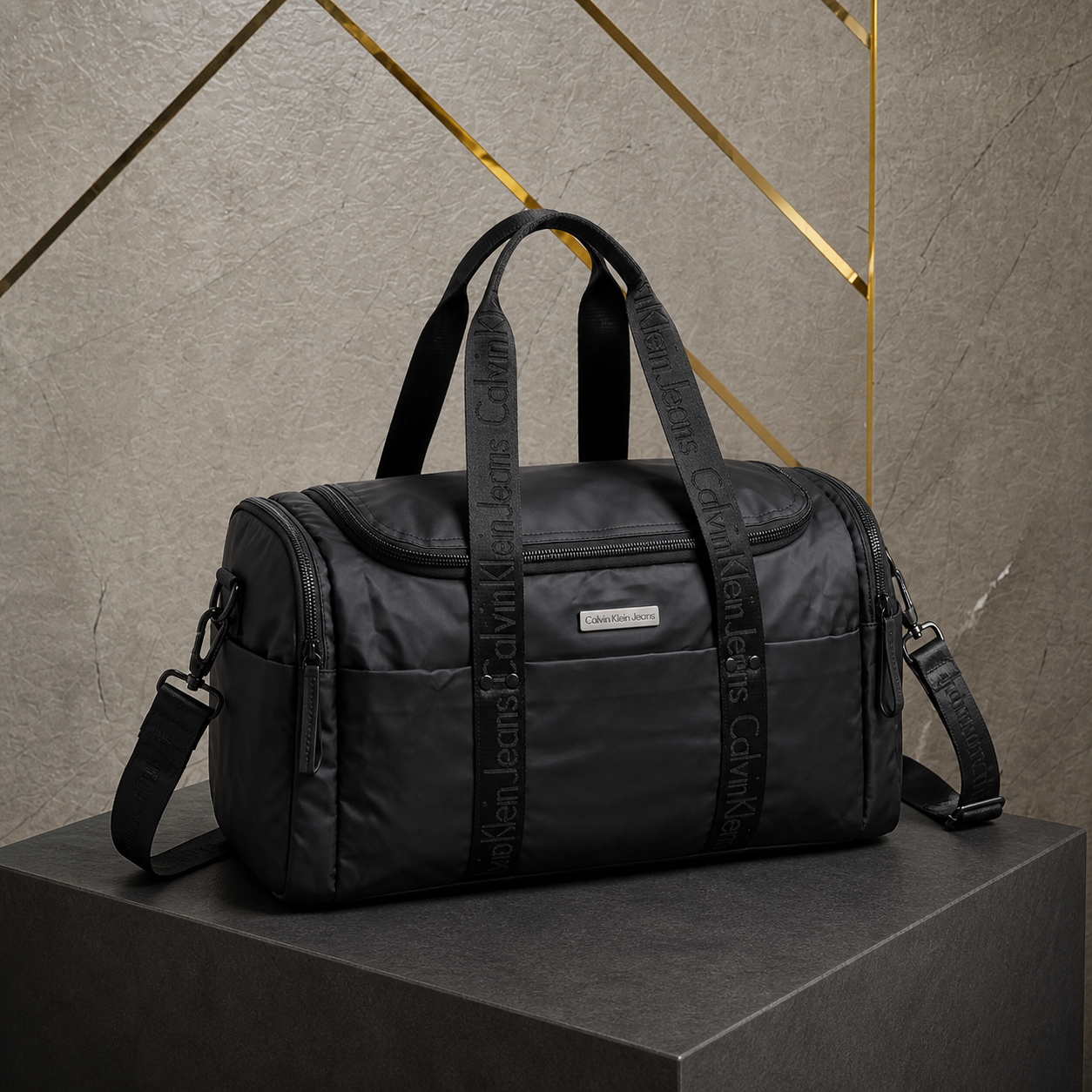 Calvin Klein Jeans black duffel bag three-quarter view