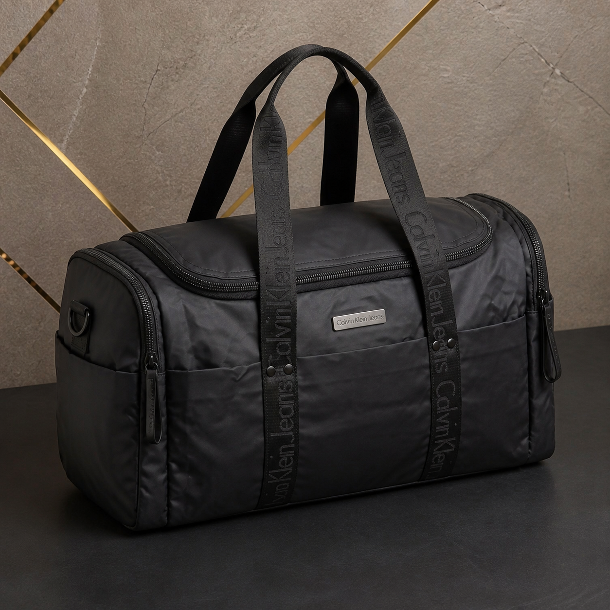 Calvin Klein Jeans black duffel bag zipper and pocket details