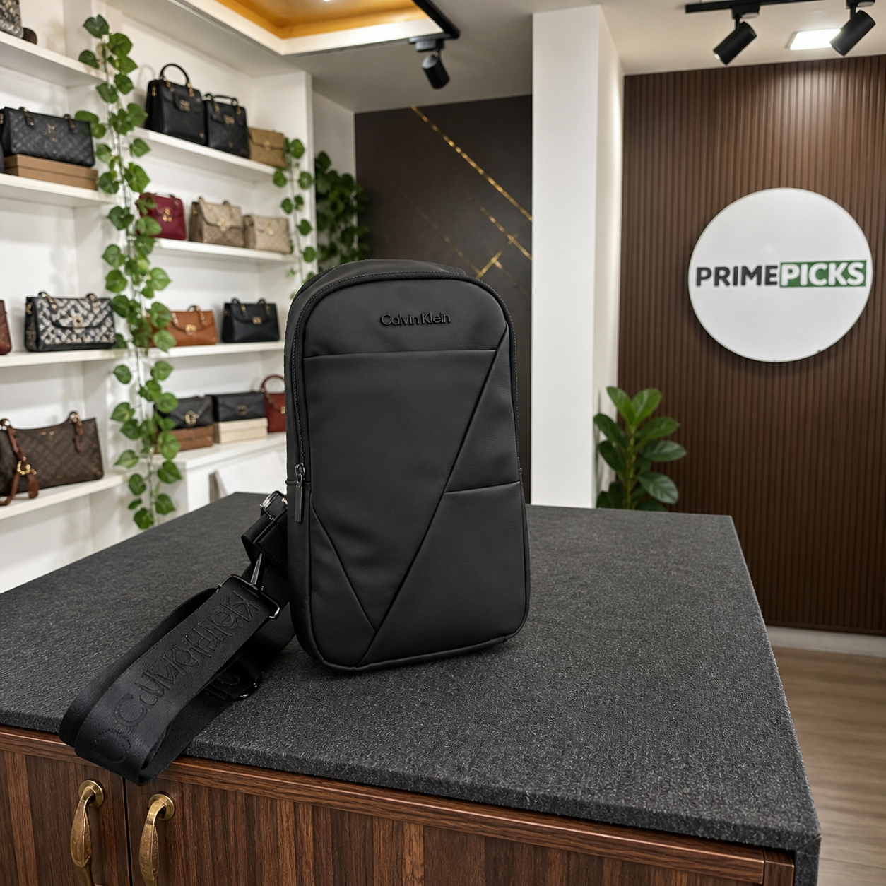 Calvin Klein Jeans crossbody bag lifestyle image in PrimePicks office