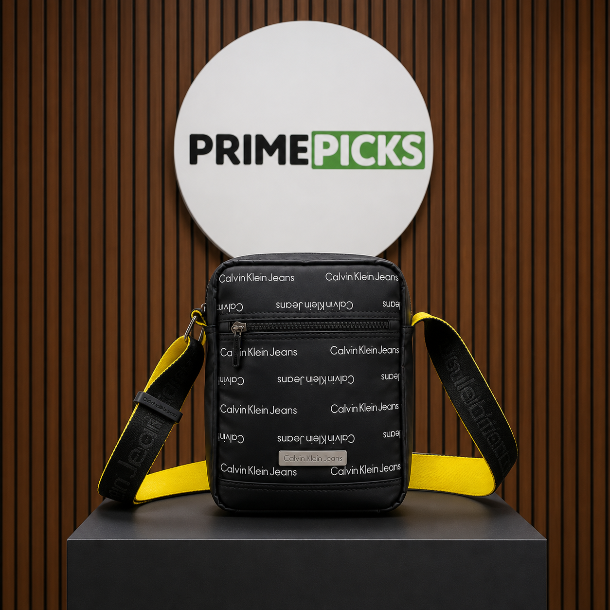 Calvin Klein Jeans black logo messenger bag with PRIMEPICKS logo