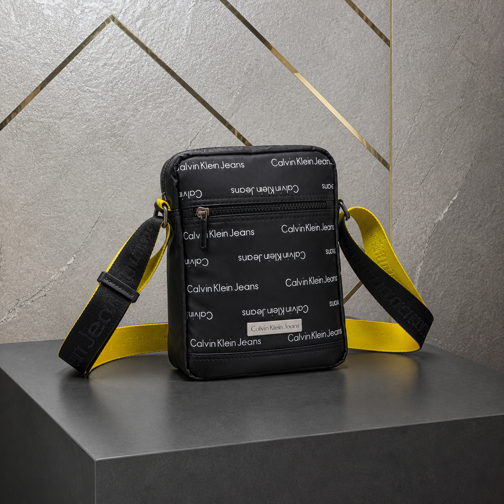 Calvin Klein Jeans black logo messenger bag three-quarter view
