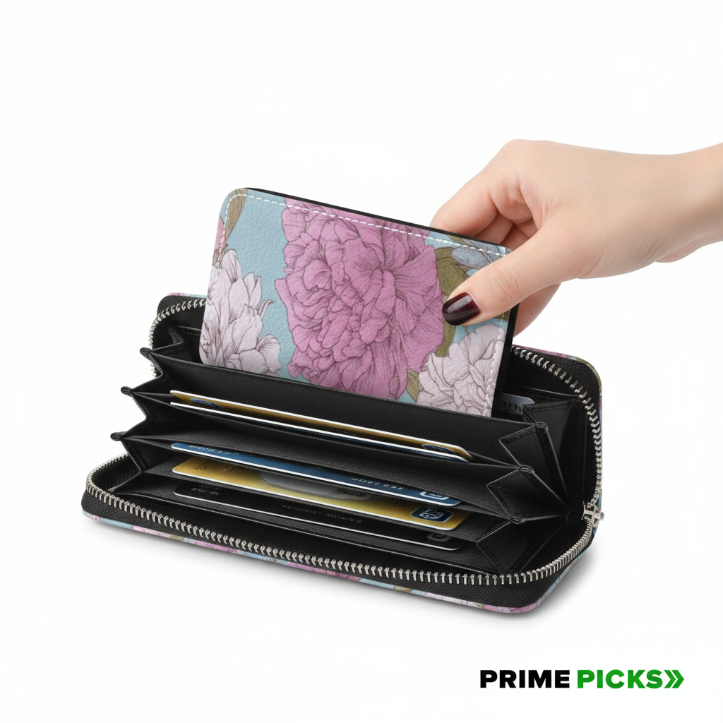 Primepicks PU Leather Zipper Card Case Wallet Credit Card Holder with 9 Card Slots