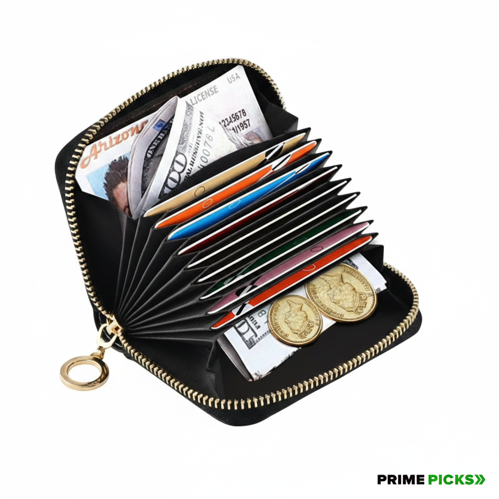 Primepicks PU Leather Zipper Card Case Wallet Credit Card Holder with 9 Card Slots