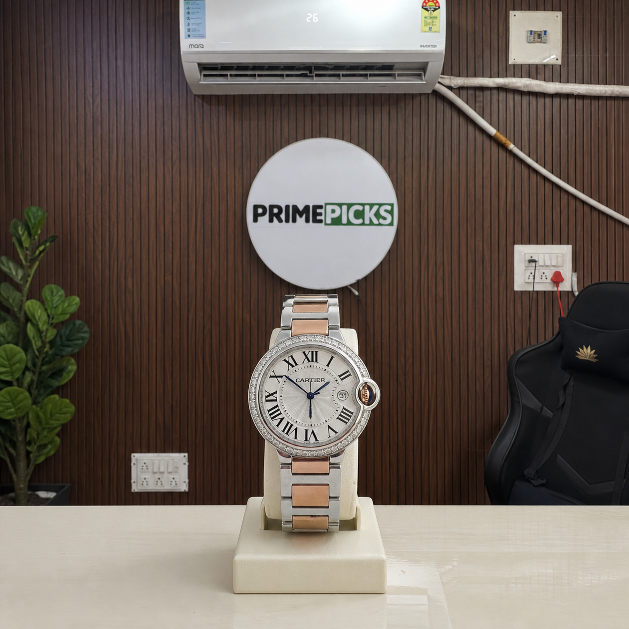 Cartier Ballon Bleu two-tone women's watch with complete PRIMEPICKS office logo board