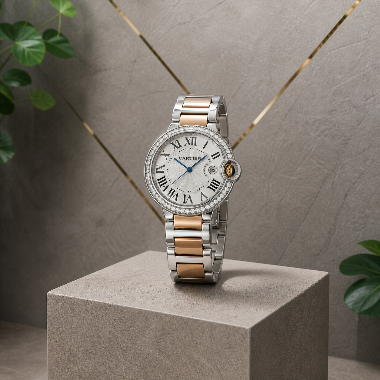 Cartier Ballon Bleu two-tone silver dial watch on stone pedestal