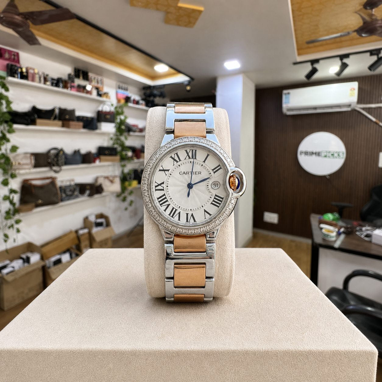 Cartier Ballon Bleu crystal-bezel watch in PRIMEPICKS office showroom