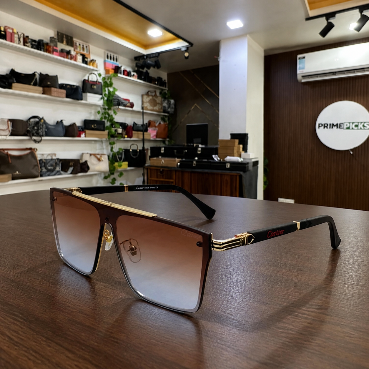 Cartier one-piece shield UV gradient sunglasses office lifestyle view at PrimePicks