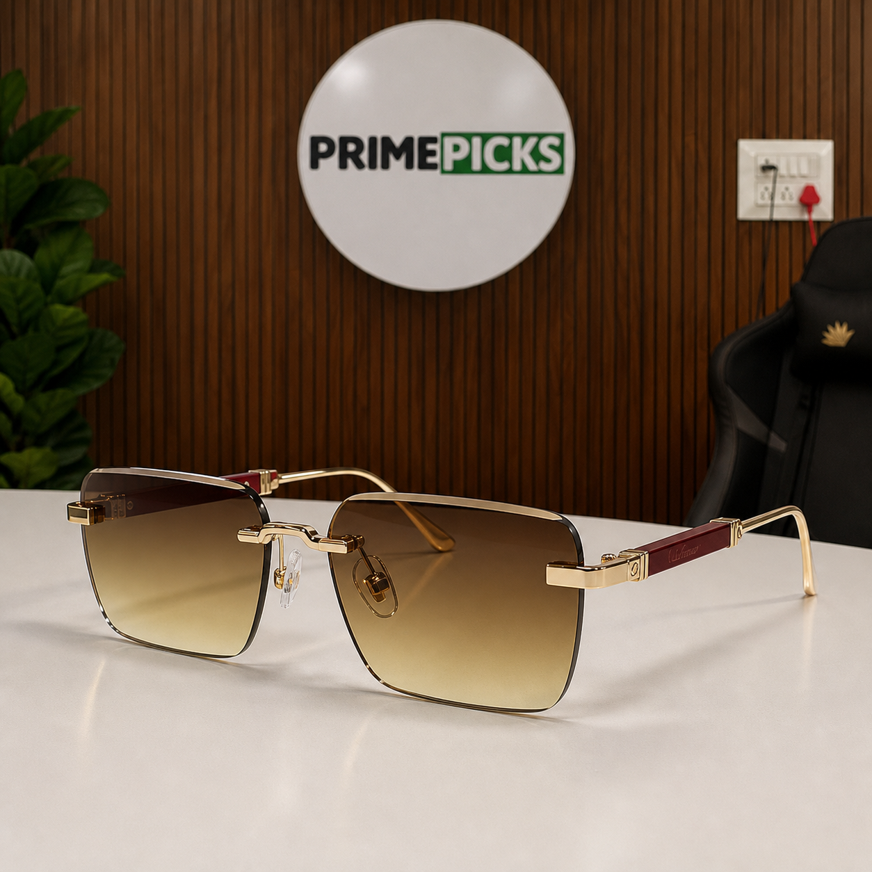 Cartier rimless rectangular brown gradient sunglasses hero view at PrimePicks