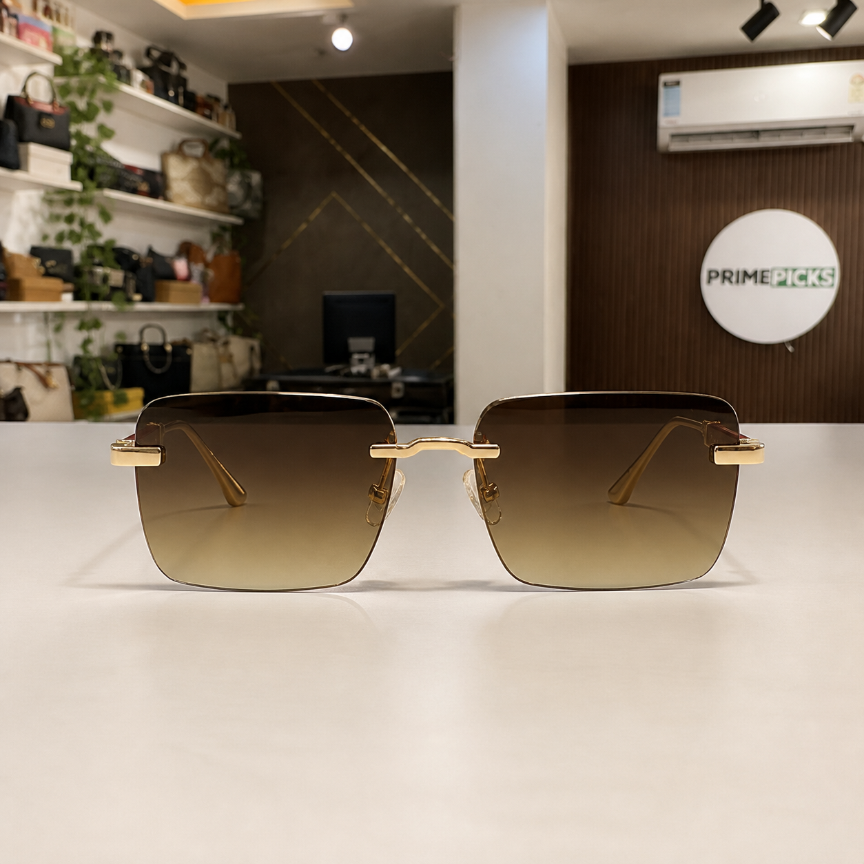 Cartier rimless rectangular brown gradient sunglasses front view at PrimePicks