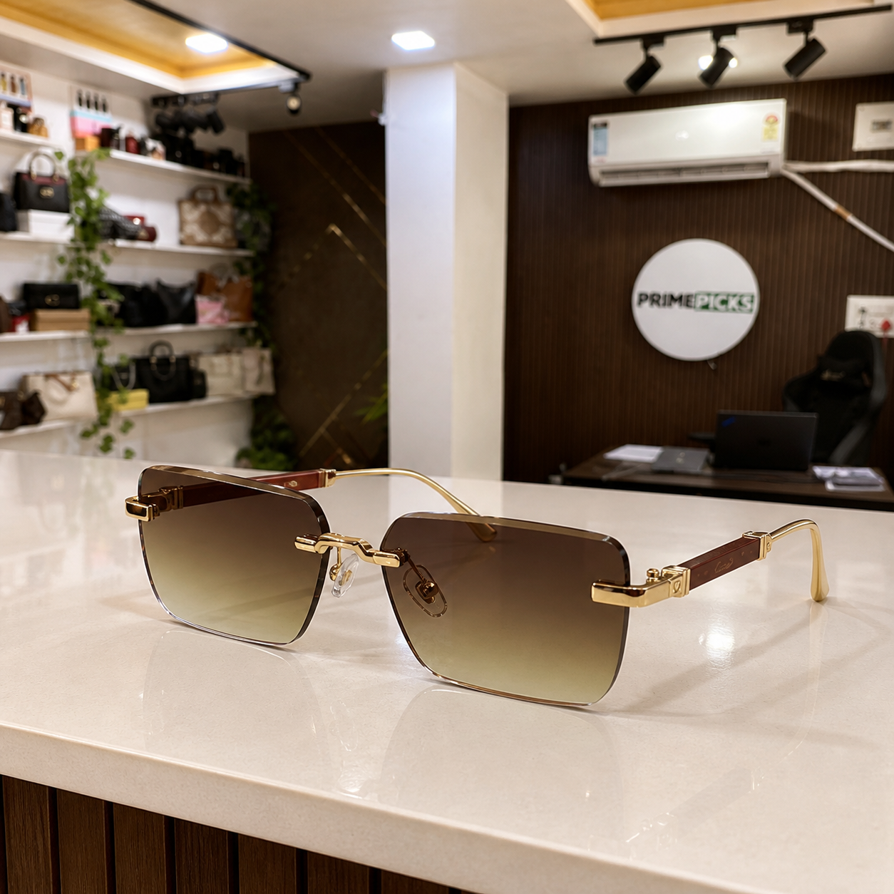 Cartier rimless rectangular brown gradient sunglasses office lifestyle view at PrimePicks