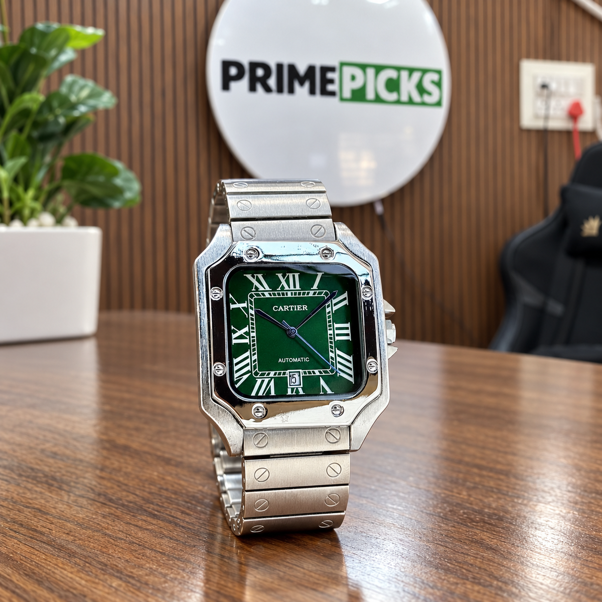 Cartier Santos-style green dial watch photographed in the PrimePicks office