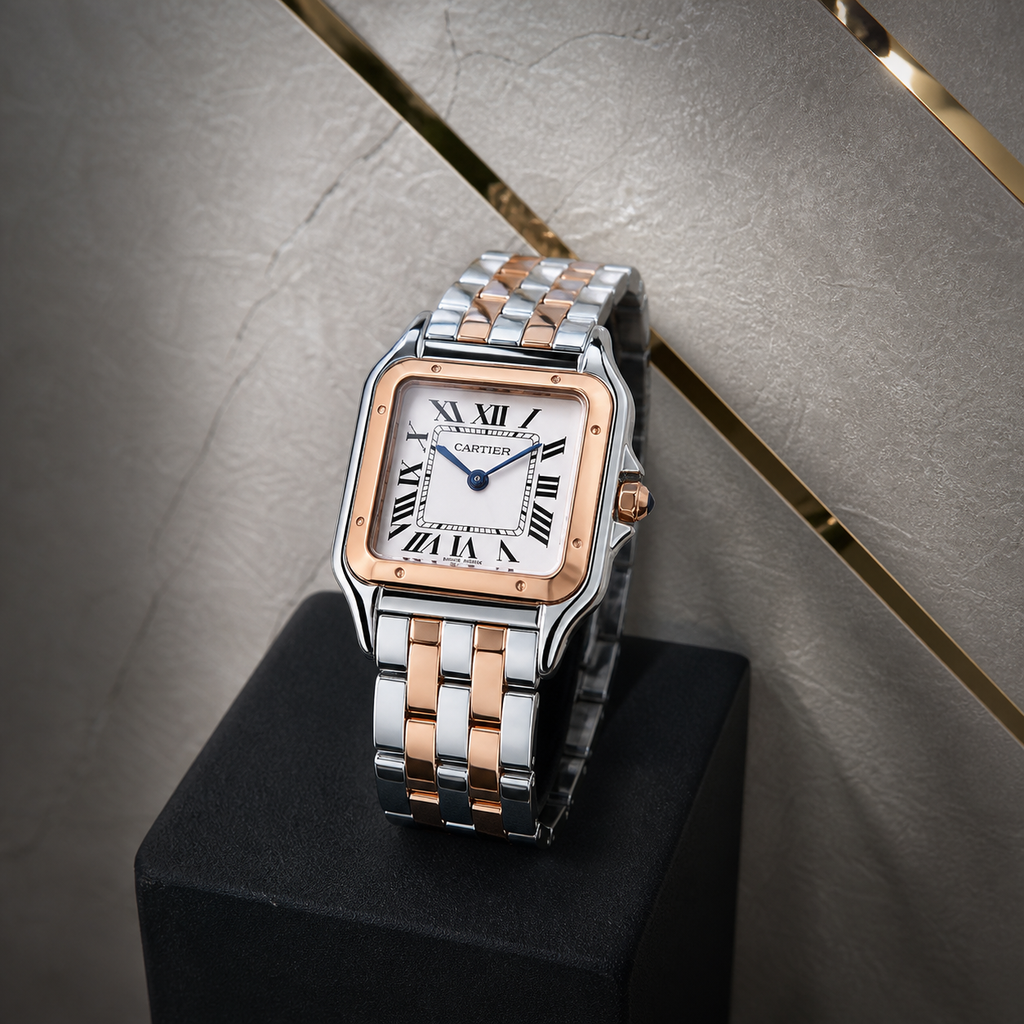 Close-up of Cartier square women’s watch with blue hands and two-tone bracelet in the Primepicks office