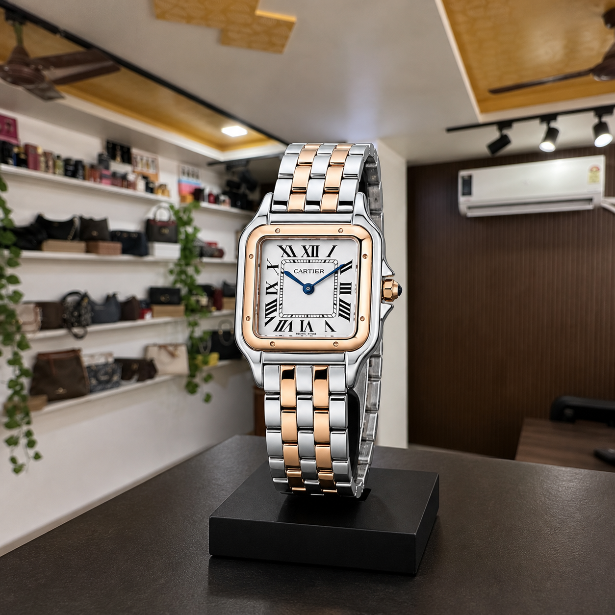 Cartier square women’s two-tone watch displayed upright in the full Primepicks office interior