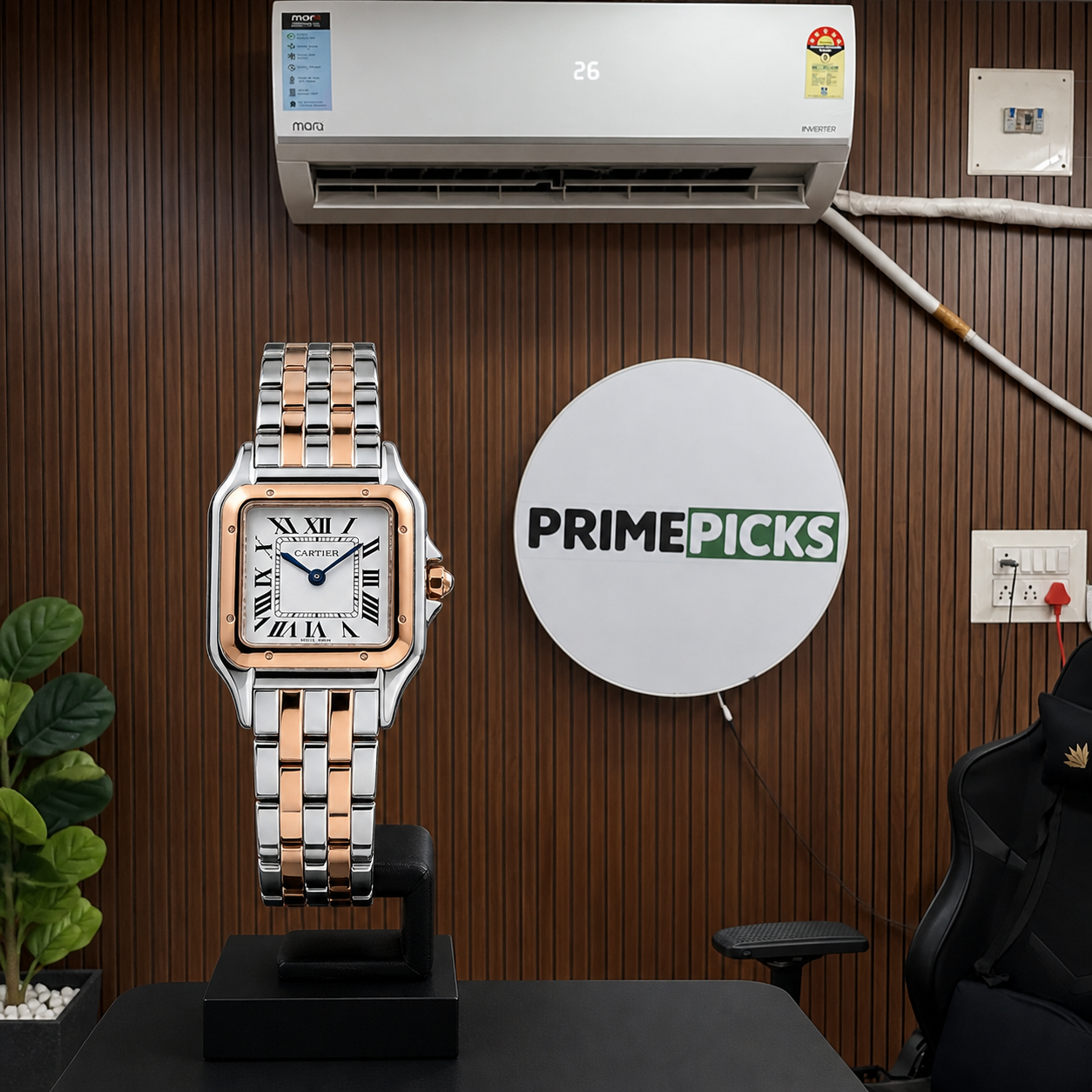 Cartier square women’s two-tone watch beside the complete PRIMEPICKS logo board