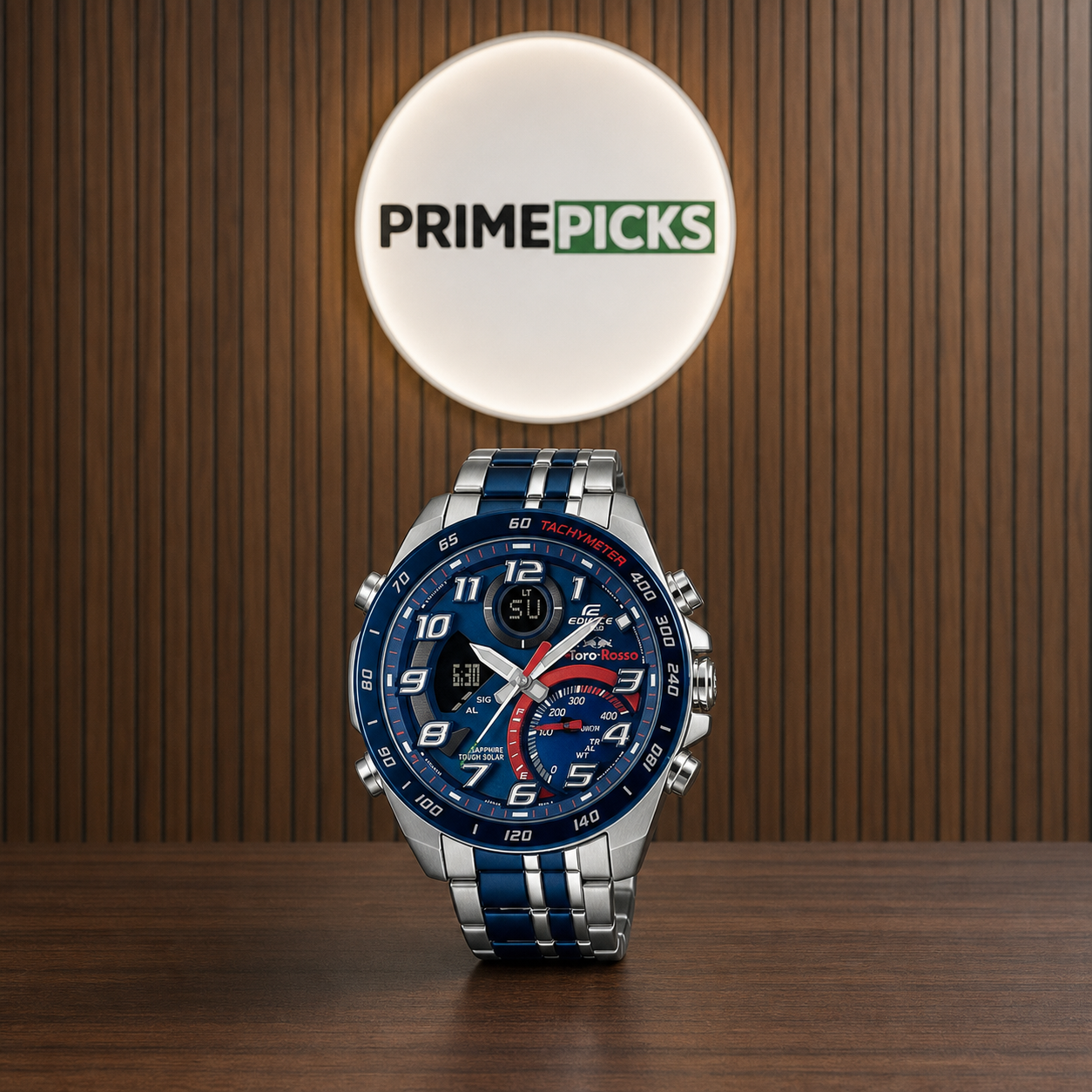 Casio Edifice blue-silver analog-digital watch with PRIMEPICKS office logo