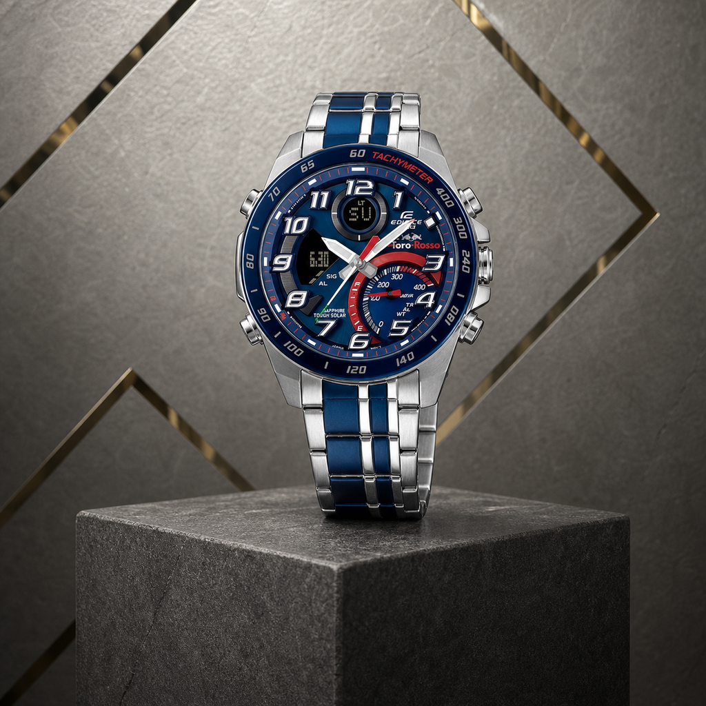 Casio Edifice ECB-900PB watch on grey office display