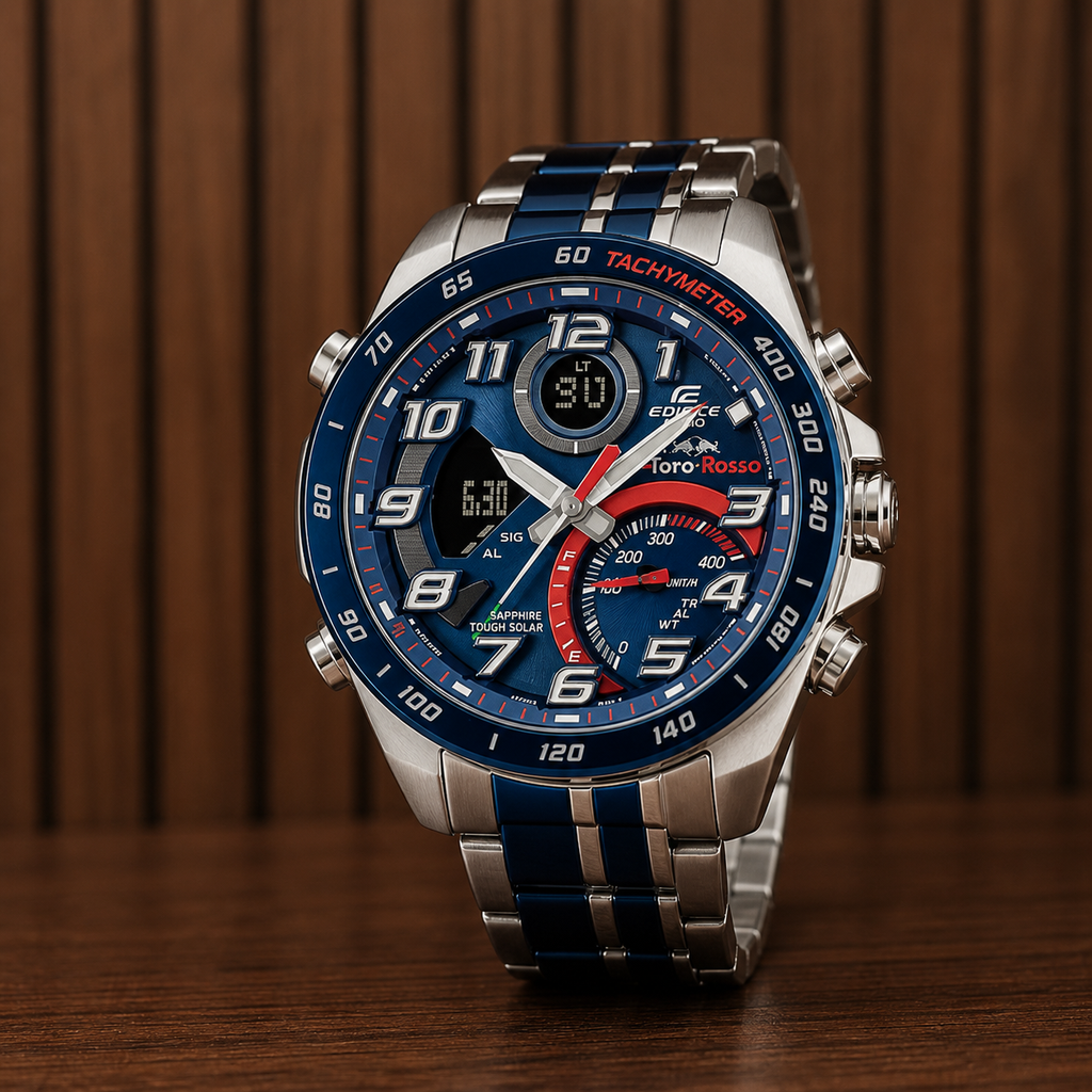 Casio Edifice blue analog-digital dial close-up