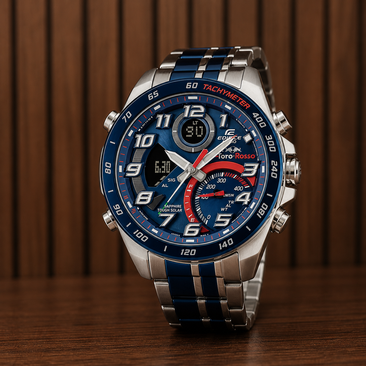 Casio Edifice blue analog-digital dial close-up