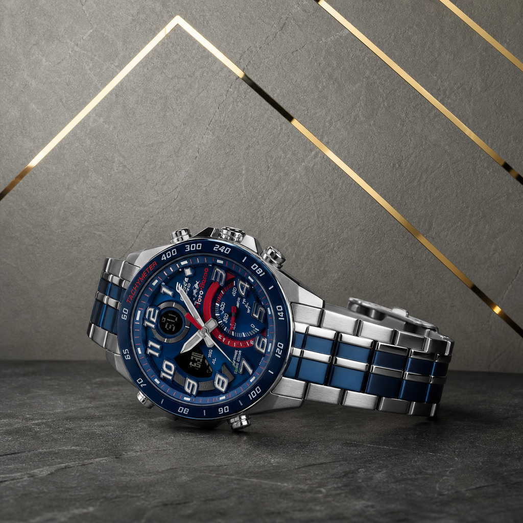 Casio Edifice case controls and blue-silver bracelet detail