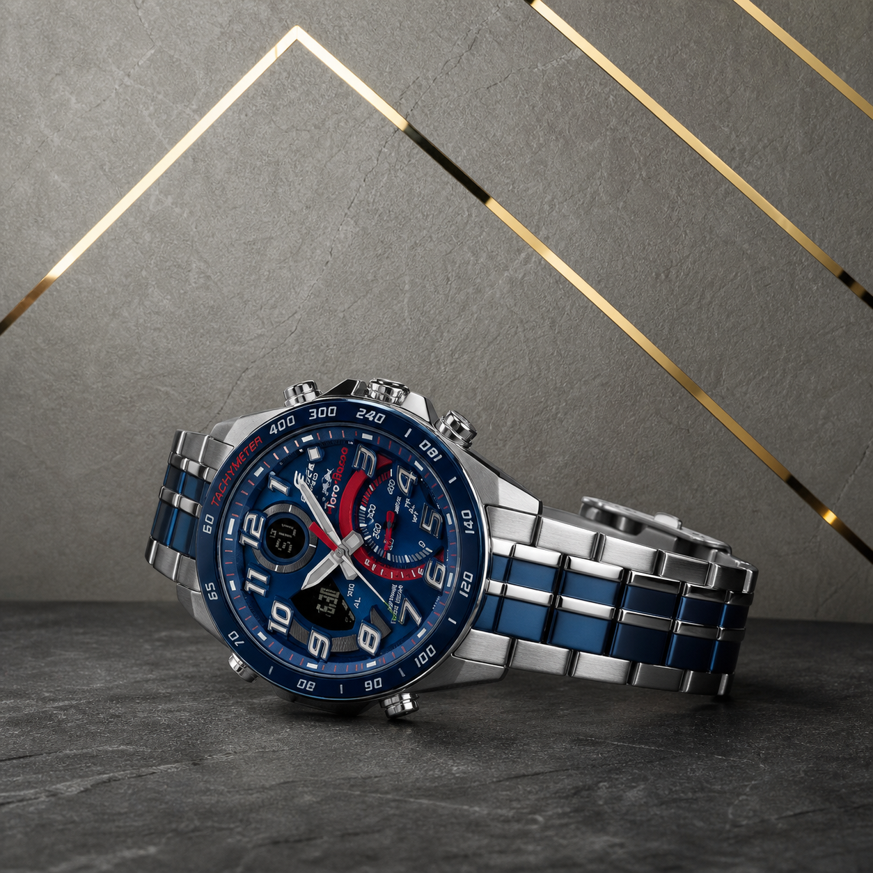 Casio Edifice case controls and blue-silver bracelet detail