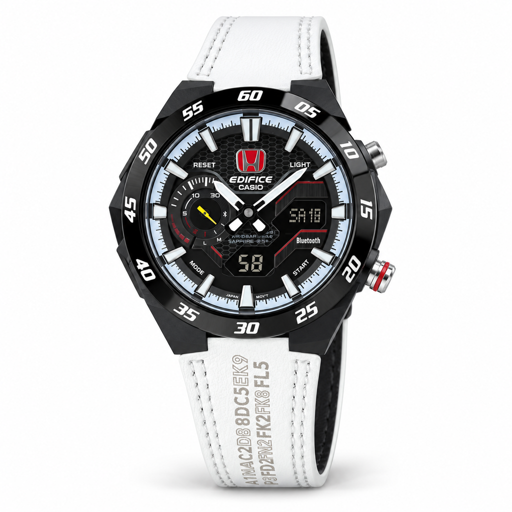 Casio Edifice ECB-2200HTR-1ADR black ana-digi watch with white leather strap on white background