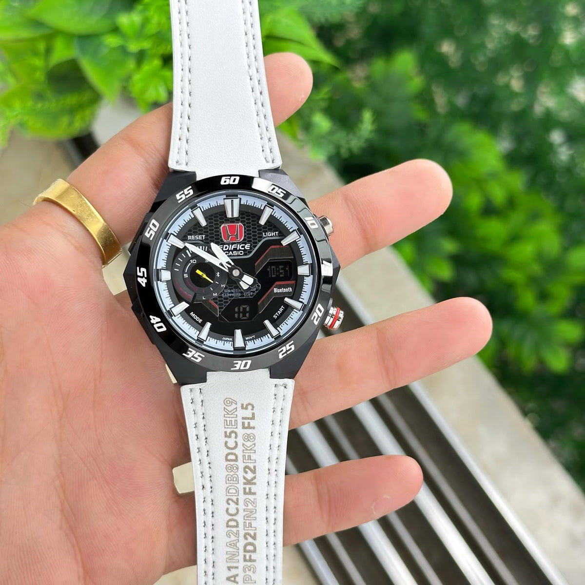 Casio Edifice ECB-2200HTR-1ADR full watch and white leather strap