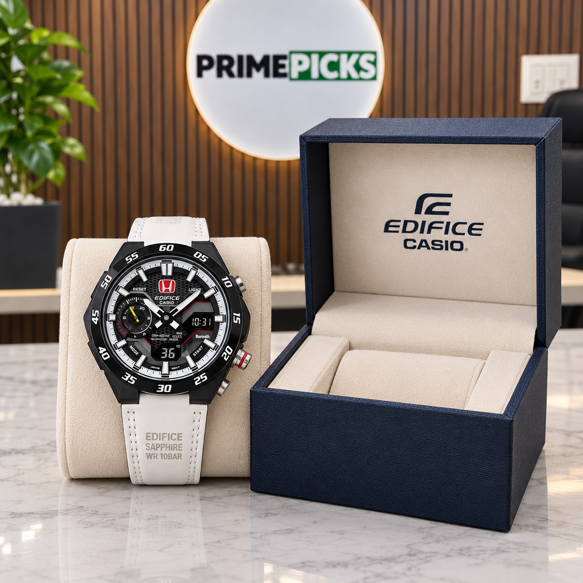 Casio Edifice ECB-2200HTR-1ADR with free Edifice brand box in the PrimePicks office