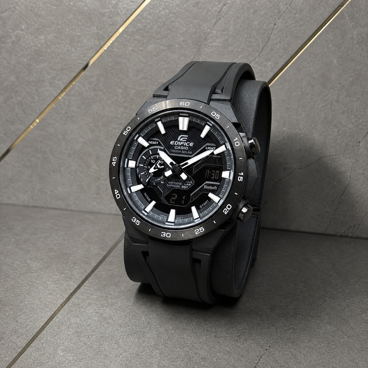 Three-quarter close-up of Casio Edifice ECB-2200PB-1A black watch in the Primepicks office
