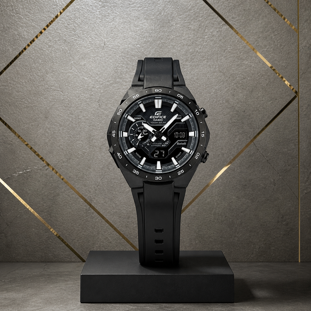 Casio Edifice ECB-2200PB-1A black analog-digital watch against the grey and gold Primepicks office wall