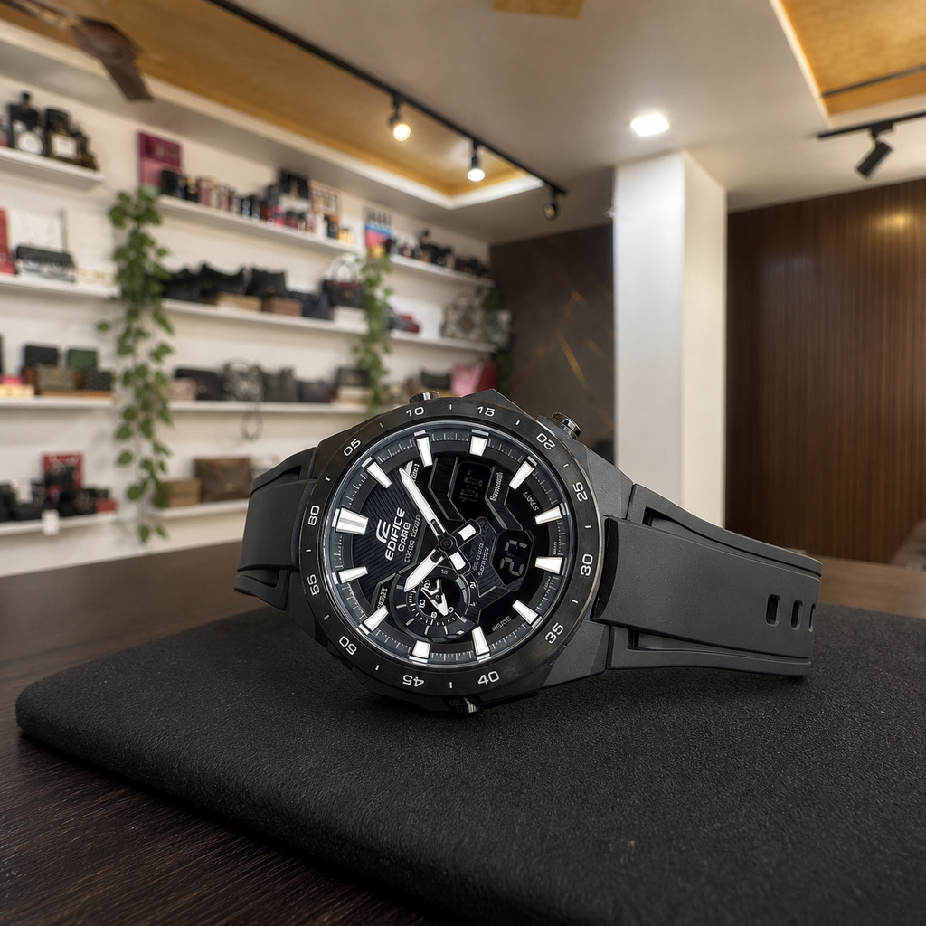 Horizontal view of Casio Edifice ECB-2200PB-1A black watch on a display pad in the Primepicks office