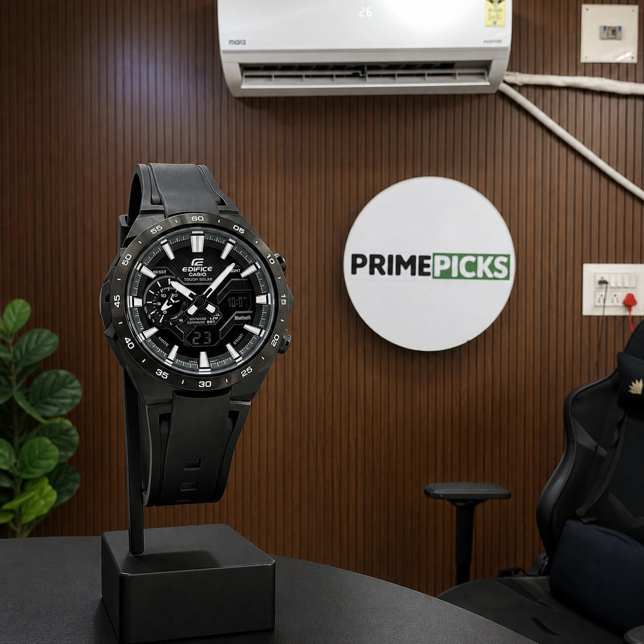 Casio Edifice ECB-2200PB-1A black men’s watch beside the complete PRIMEPICKS logo board