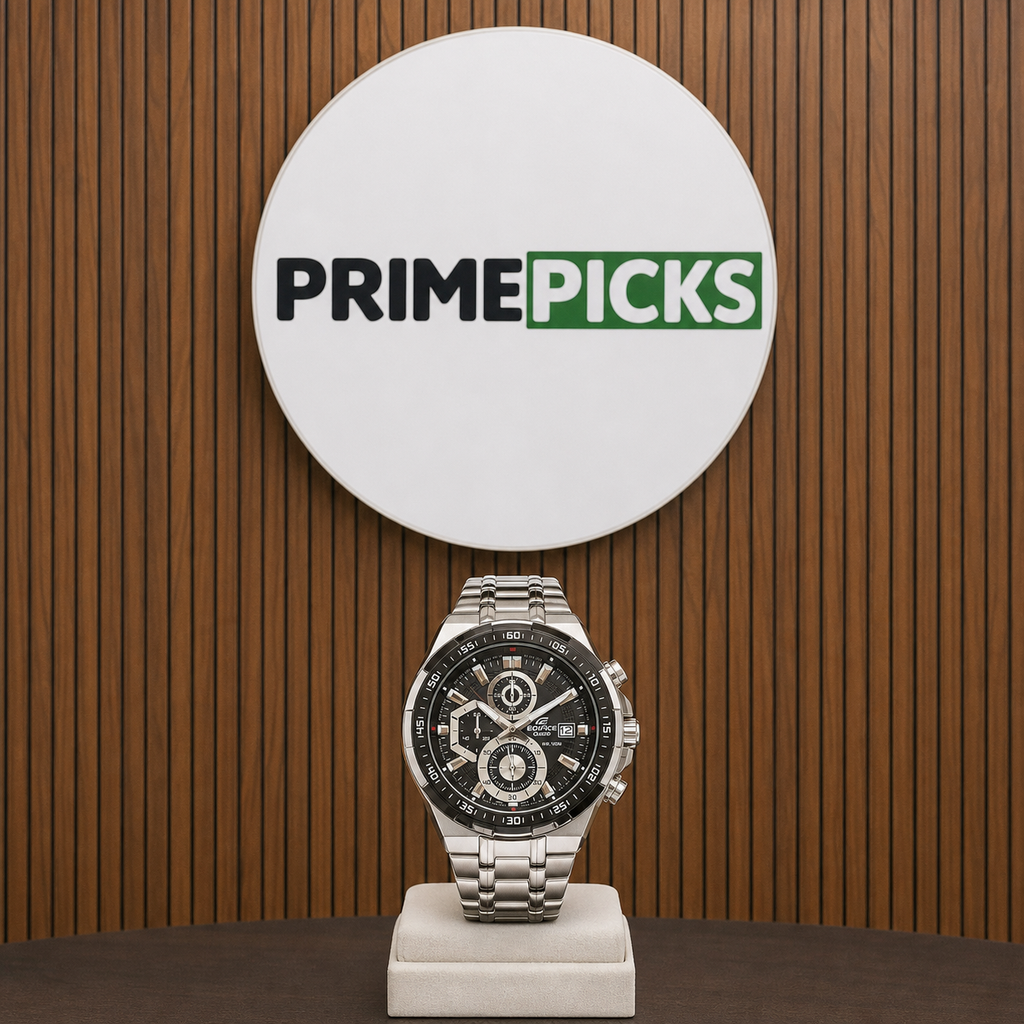 Casio Edifice EFR-539DY black dial watch with PRIMEPICKS office logo