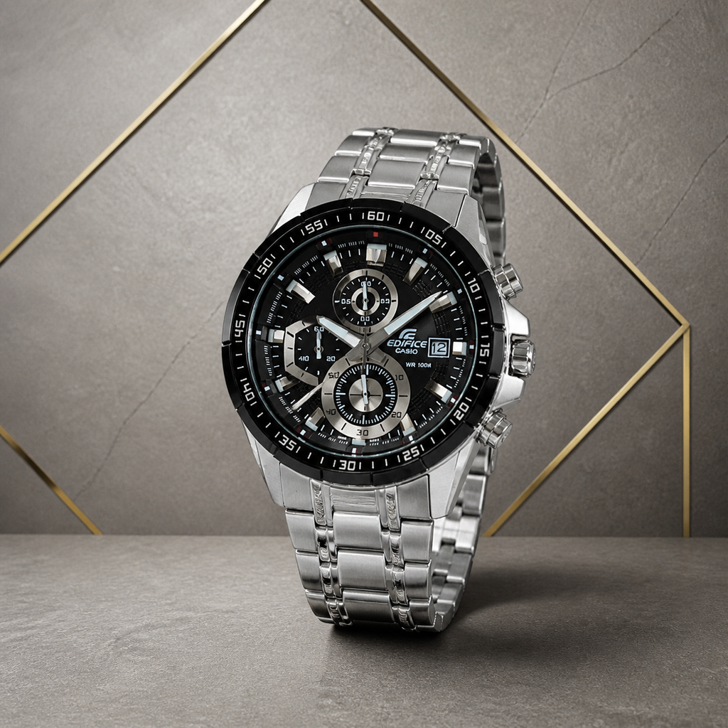 Casio Edifice EFR-539DY black chronograph watch on grey geometric office wall