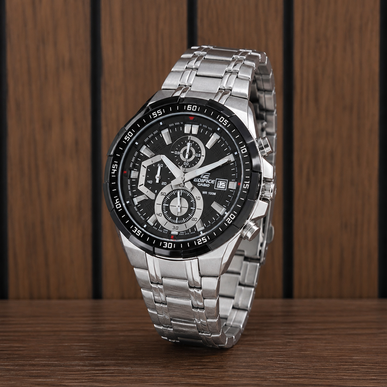 Casio Edifice EFR-539DY black multi-dial and silver bracelet detail