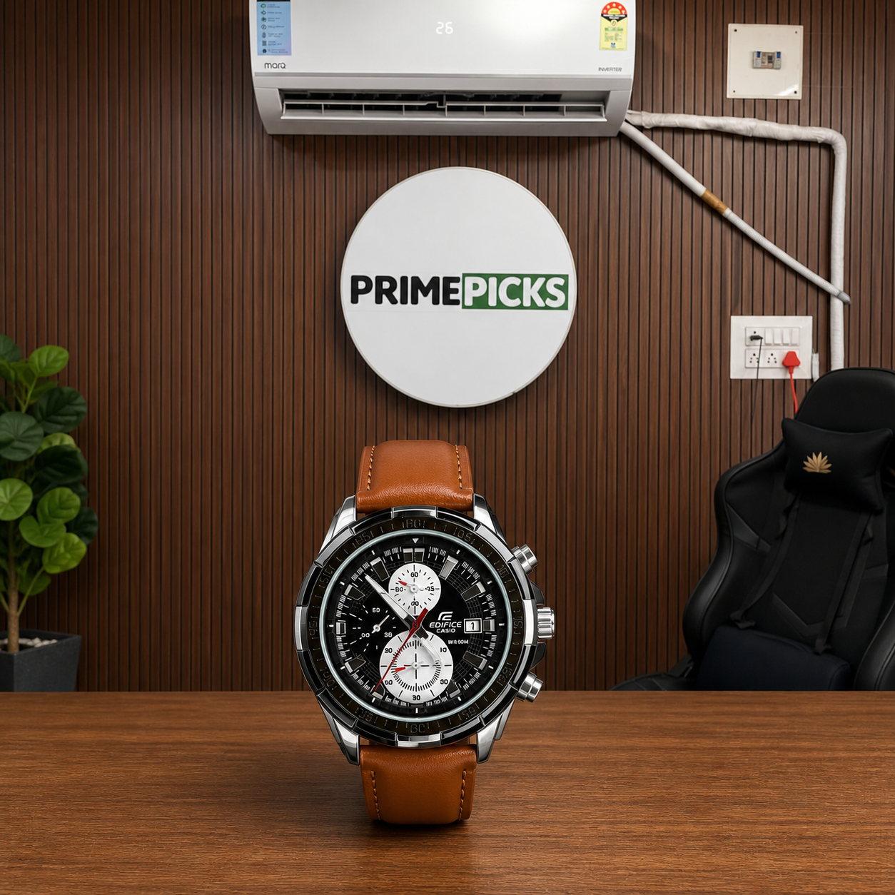 Casio Edifice EFR-539L chronograph watch with brown leather strap in front of the PRIMEPICKS office logo