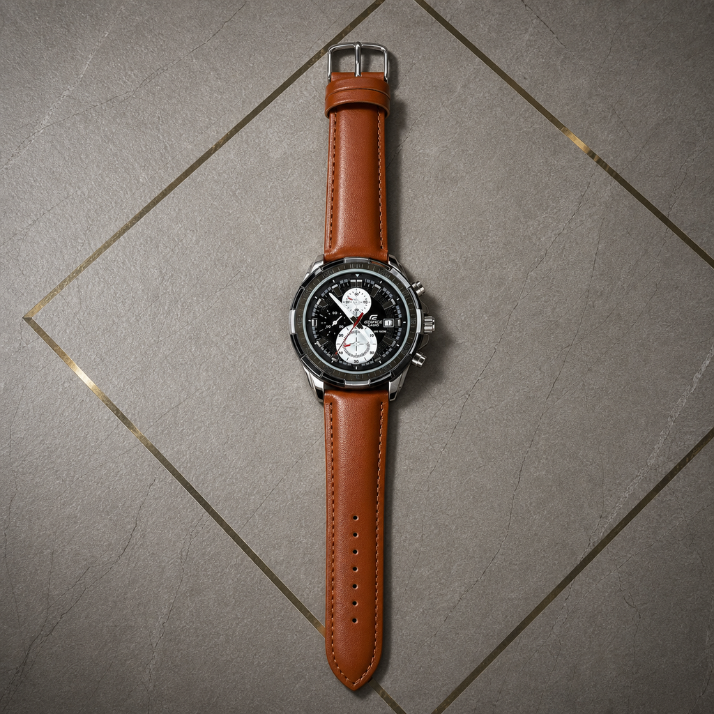 Casio Edifice EFR-539L brown leather chronograph watch on gray office wall