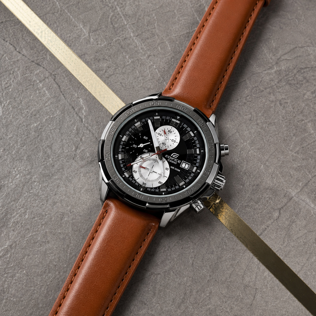 Close-up of Casio Edifice EFR-539L black chronograph dial and brown leather strap
