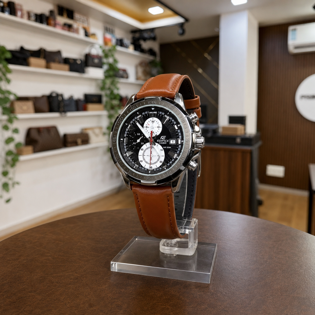 Angled view of Casio Edifice EFR-539L brown leather chronograph watch in office