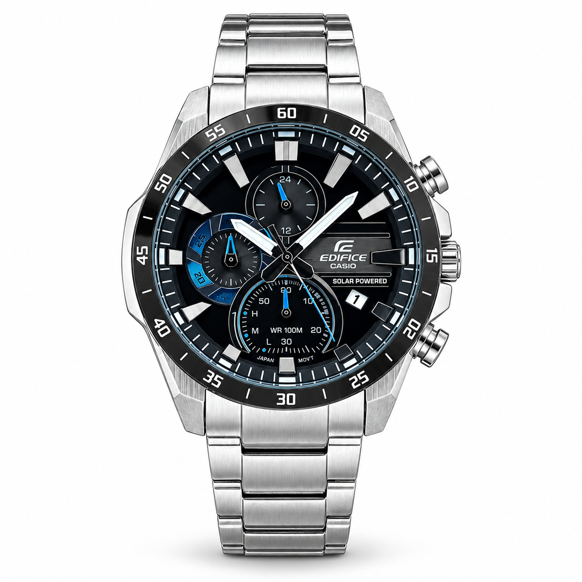 Casio Edifice EQS-940DB-1BV silver solar chronograph watch on white background