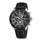 Casio Edifice evergreen chronograph watch with black dial and black leather strap on white background