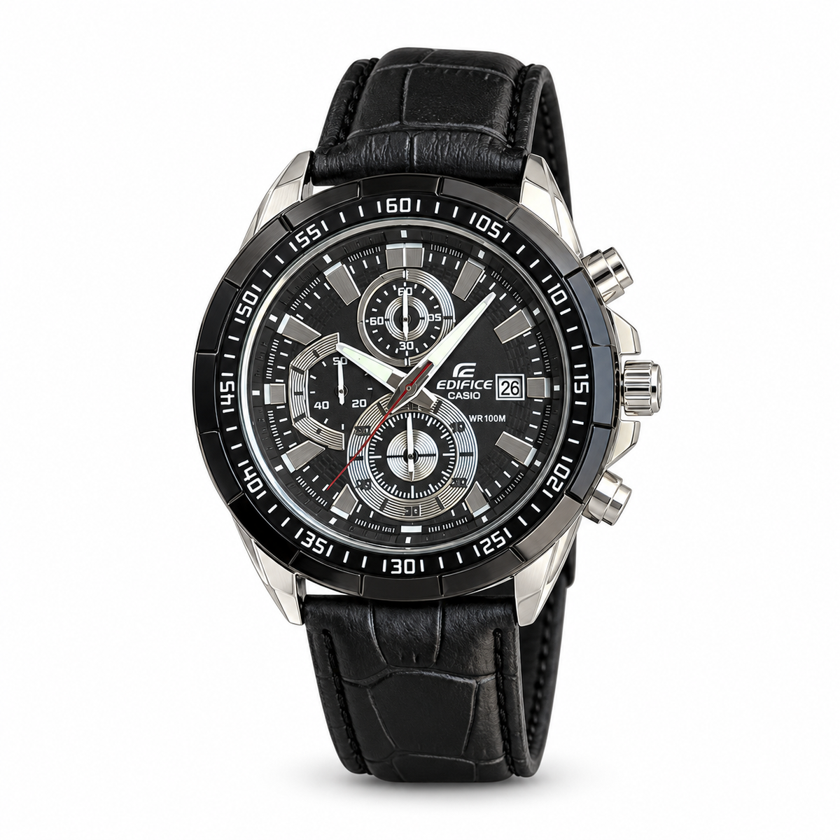 Casio Edifice evergreen chronograph watch with black dial and black leather strap on white background