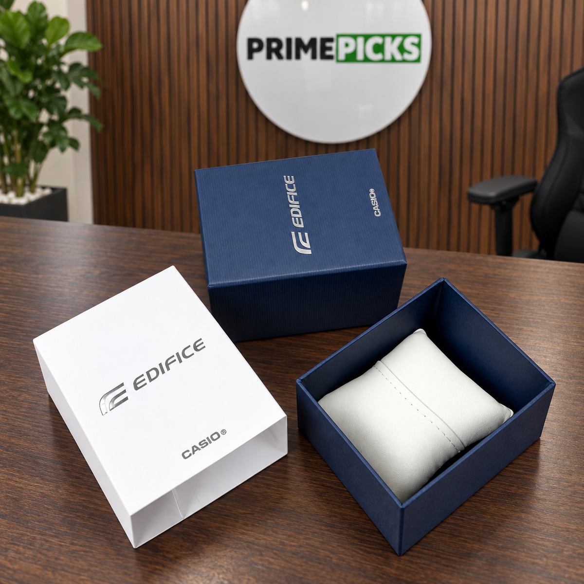 Matching Casio Edifice presentation box displayed in the PrimePicks office