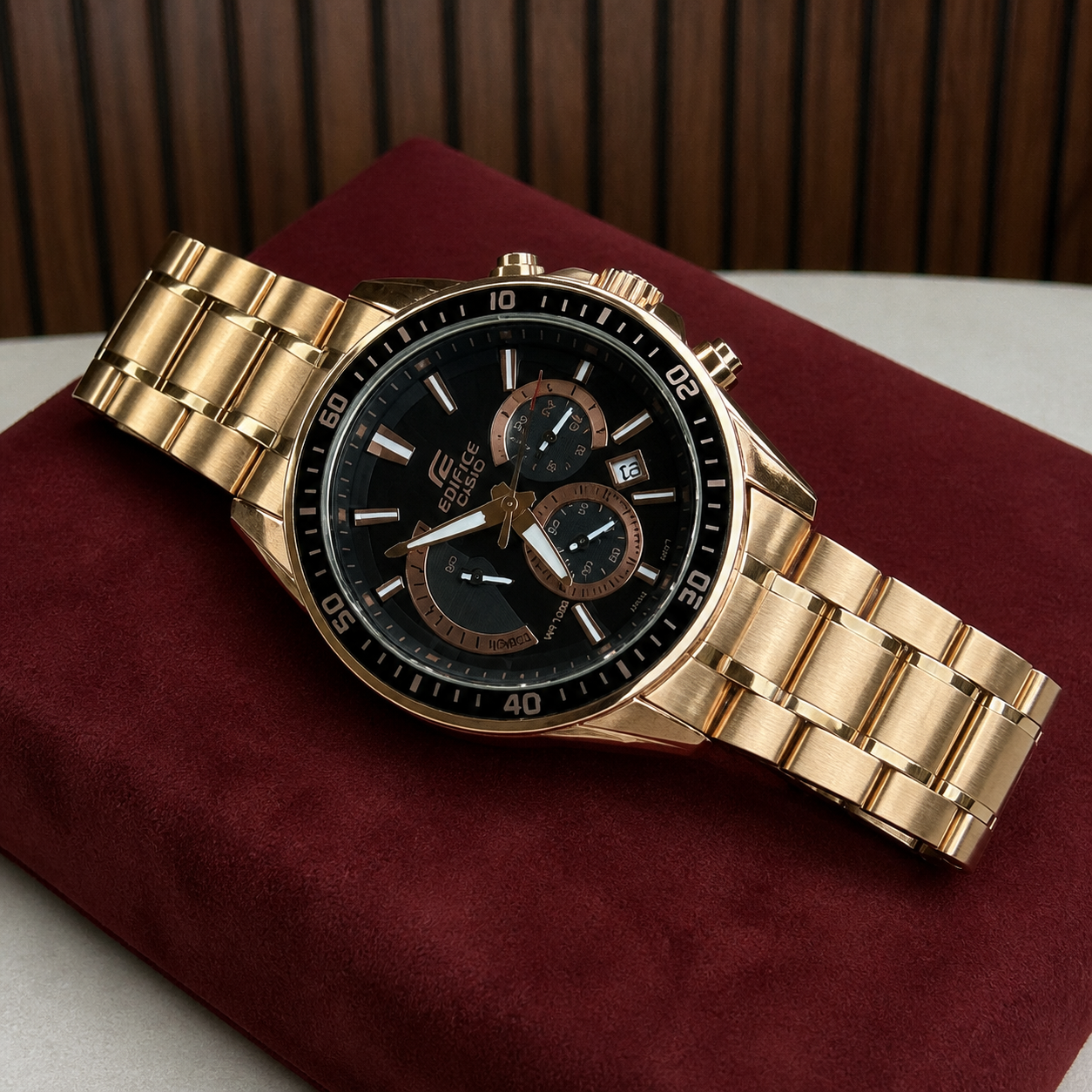 Casio Edifice black chronograph dial and rose-gold bracelet detail